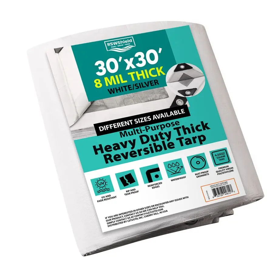 

RSW Heavy Duty Waterproof 8 Mil. Reversible White Silver Tarp Cover, UV Resistant, Rip and Tear Proof Tarpaulin with Reinforced