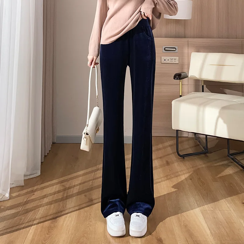 

Golden Velvet Flare Pants Women's Autumn Winter Lining Fleece Warm Casual Pants Elastic Waist Plus Size Full Pants