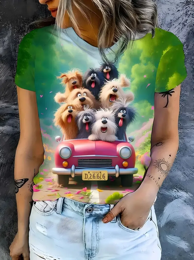 

Cute animal truck dog pattern women's T-shirt fashion breathable round neck T-shirt outdoor sports and leisure women's clothing