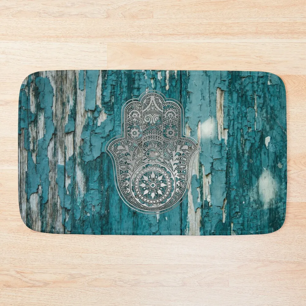 

Silver Hamsa Hand On Turquoise Wood Bath Mat Bedroom Carpet Bathtub Anti Slip Front Door Bathroom Gadgets Mat