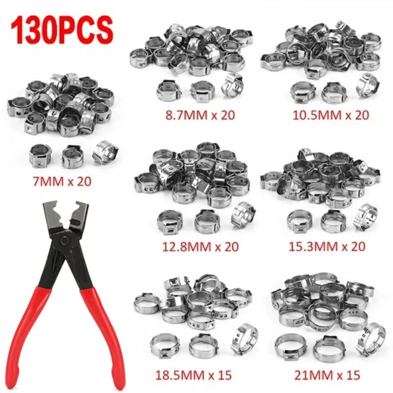 130 sztuk zacisków do węży ze stali nierdzewnej 304 7-21 mm Bezstopniowe zaciski do węży z pojedynczym uchem Pierścienie zaciskowe lub 1 szt. szczypiec do zacisków do węży