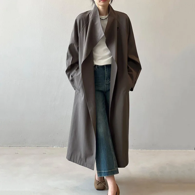 HKSH Frühling Herbst Neue Frauen Lange Trenchcoat Stehkragen Einzigen Taste Einfarbig Koreanische Elegante Casual Jacke Trendy HK11631