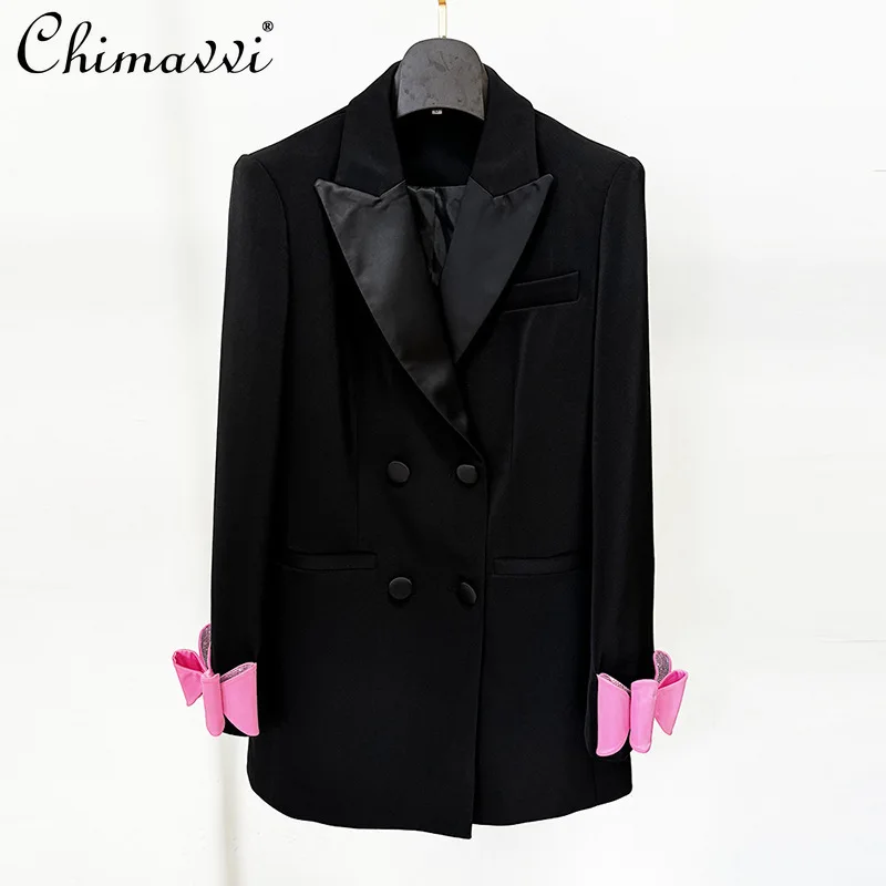 

French Fashion Commuter Satin Splicing Collar Diamond Bow Double-breasted Loose Straight All-matched Jacket Blazer Women Autumn