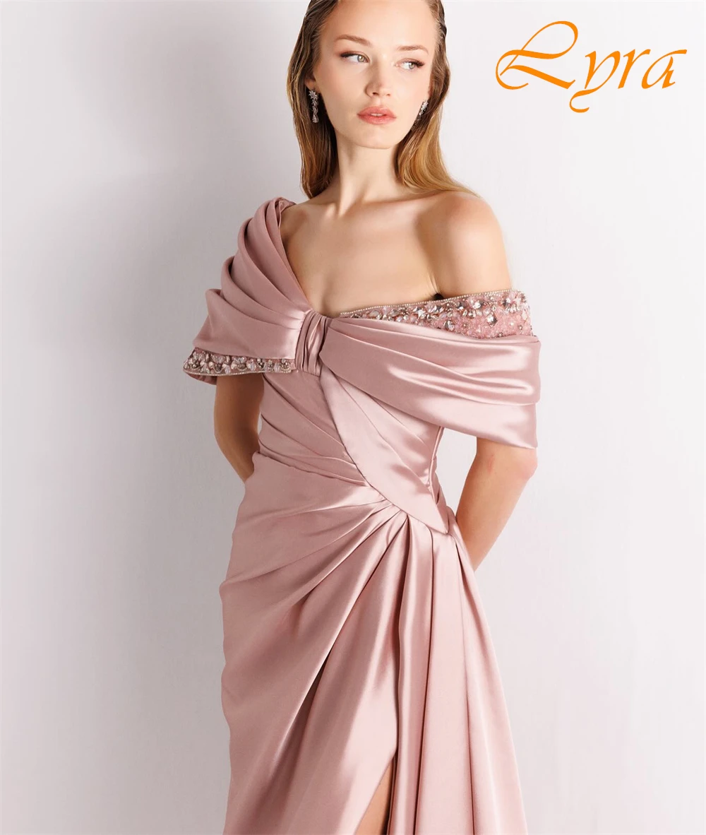 Vestido de noche elegante personalizado de satén con hombros descubiertos, vestidos de graduación con abertura lateral exquisitos, vestidos para ocasiones especiales de lujo