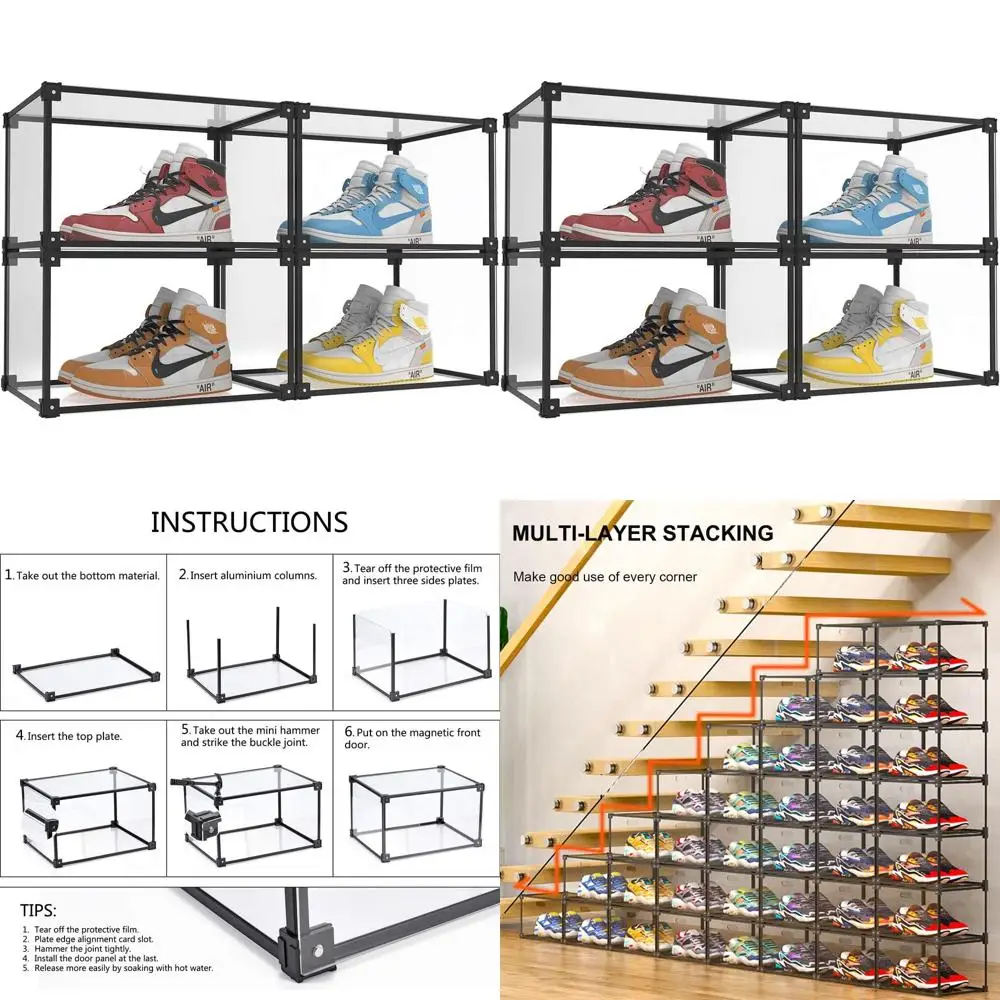 

Набор прозрачных магнитных коробок для хранения обуви с боковым открыванием, прозрачные демонстрационные футляры для 4 пар кроссовок (черный)