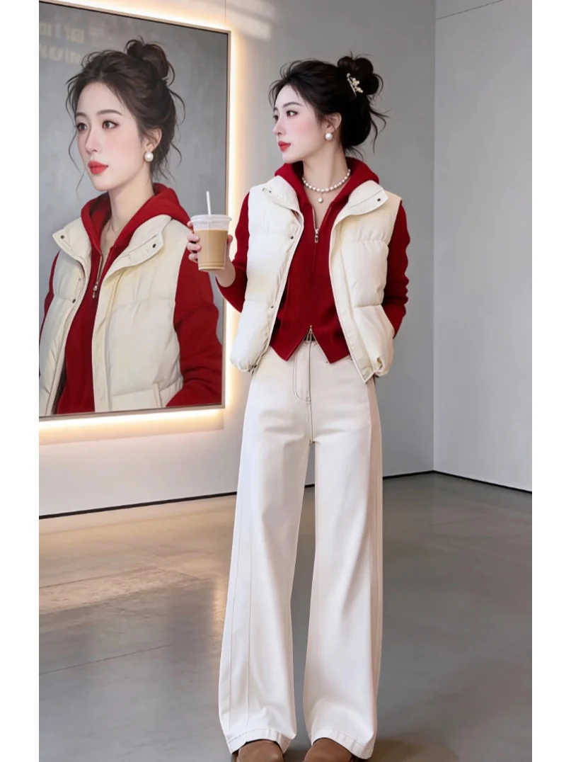 

Комплект зимней одежды Sli, белые хлопковые джинсы с высокой талией, повседневный модный комплект из двух предметов, дышащий, средней тонкости