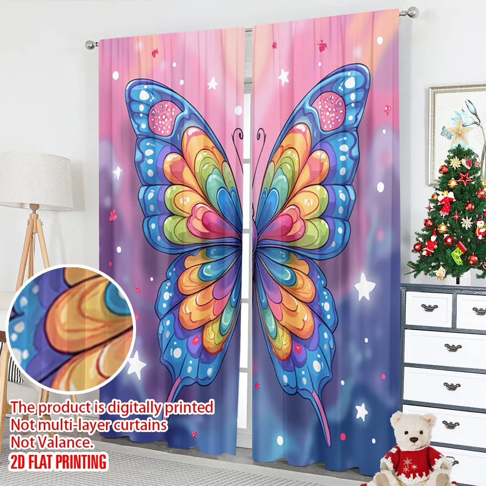 2 قطعة 2D ستائر الطباعة المسطحة نابضة بالحياة قوس قزح فراشة الرقمية المطبوعة البوليستر الستائر زينة الحفلات مثالية للمنزل و #5