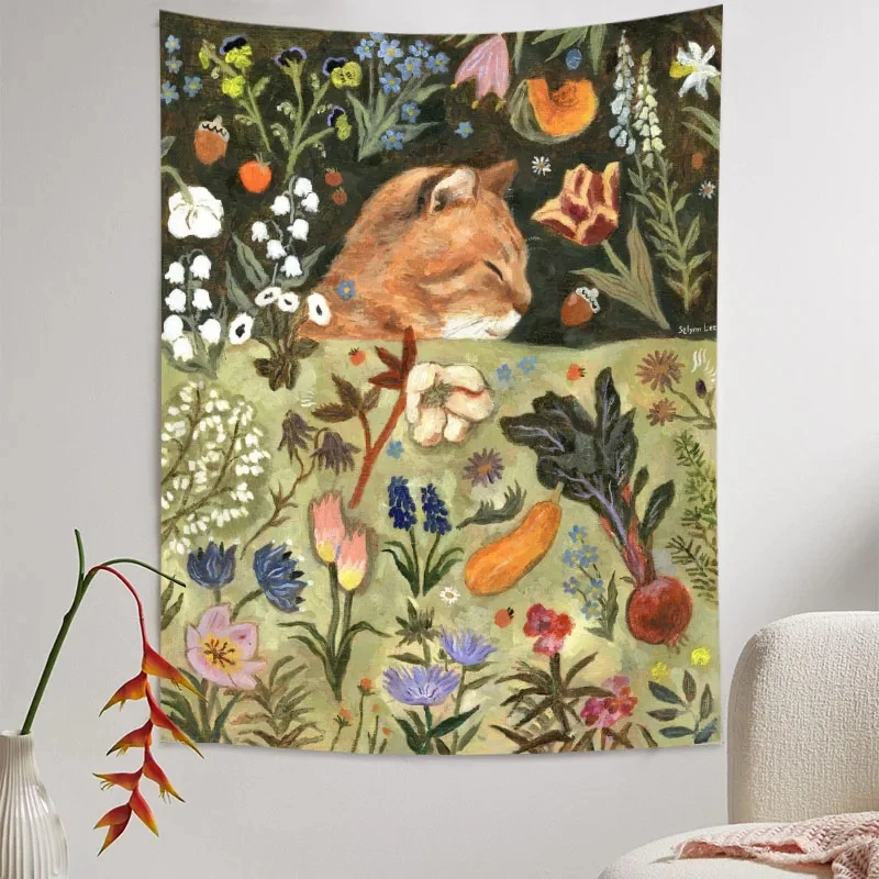 VIKAMA Cute Cat Swan Tapestry Floral Meadow Nature Wall Hanging Cozy Aesthetic Decor For Bedroom Living Room Dorm