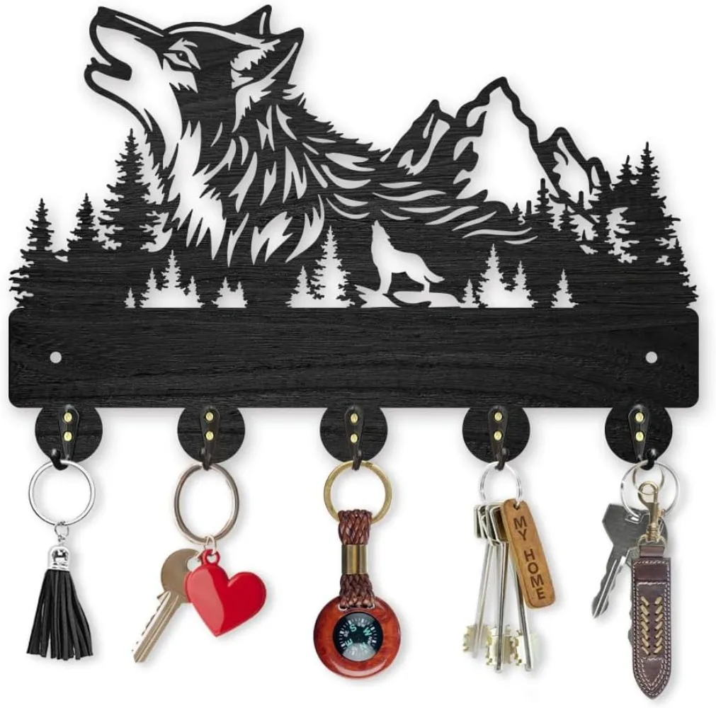 Self-Adhesive Wolf Forest Mountains Coat Rack Wall Mounted 11.8×7.9inch Wood Forest Animal Key Holder for Wall Black making kit