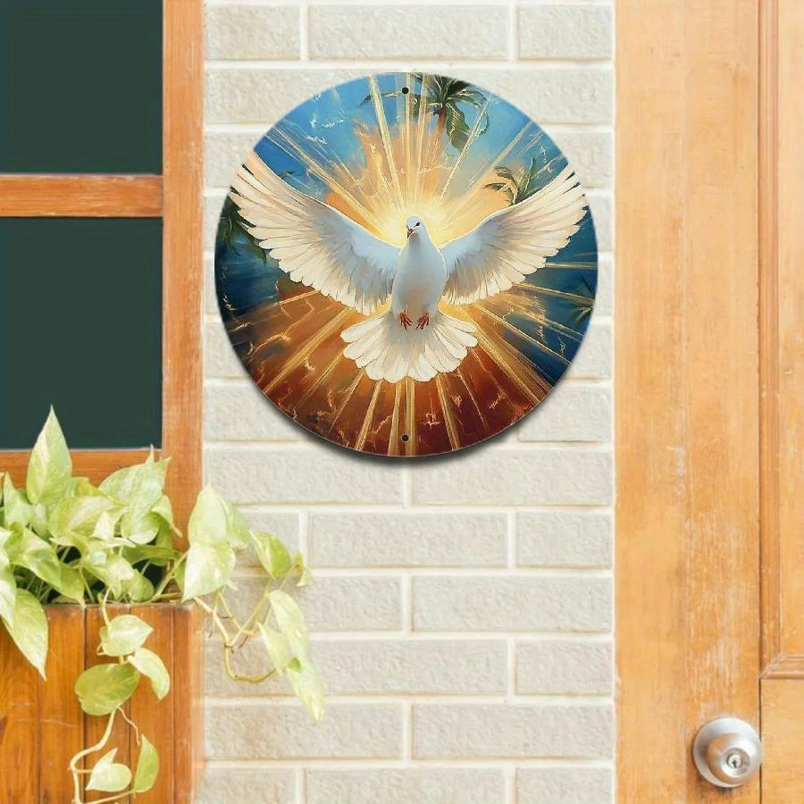 8X8 Inch Round Holy Spirit White Dove Wall Art With Golden Halo | Vibrant Blue And Yellow Aluminum Sign, Vintage Farmhouse Decor