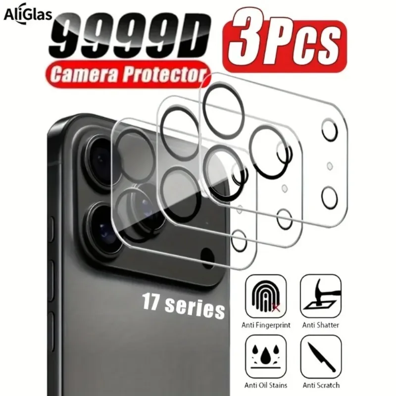 Lot de 3 films de protection d'objectif d'appareil photo en verre trempé à couverture intégrale pour iPhone 17 14 15 13 16 12 11 Pro Max Plus 16E Air