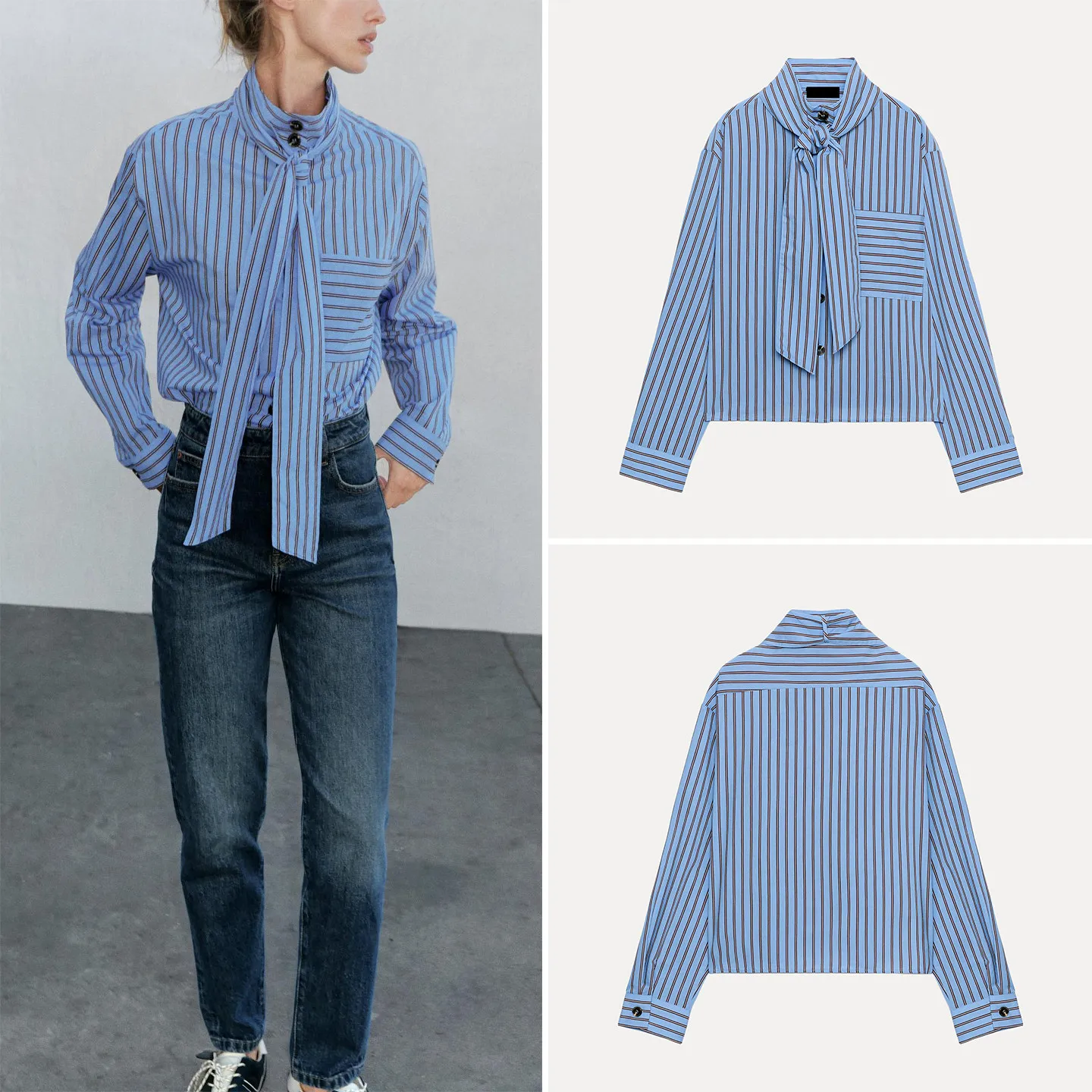 ZADATA Women's Long Sleeve Striped Shirt Stand Collar Knot Pocket Autumn 2026 Fashion Ladies Premium Clothing