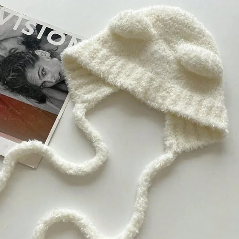 

Winter Warm Knitted Hat Women Cute Cat Ear Beanie Unisex Elastic Thick Plush Warm Hip Hop White Black Cap Soft Baggy Bonnet