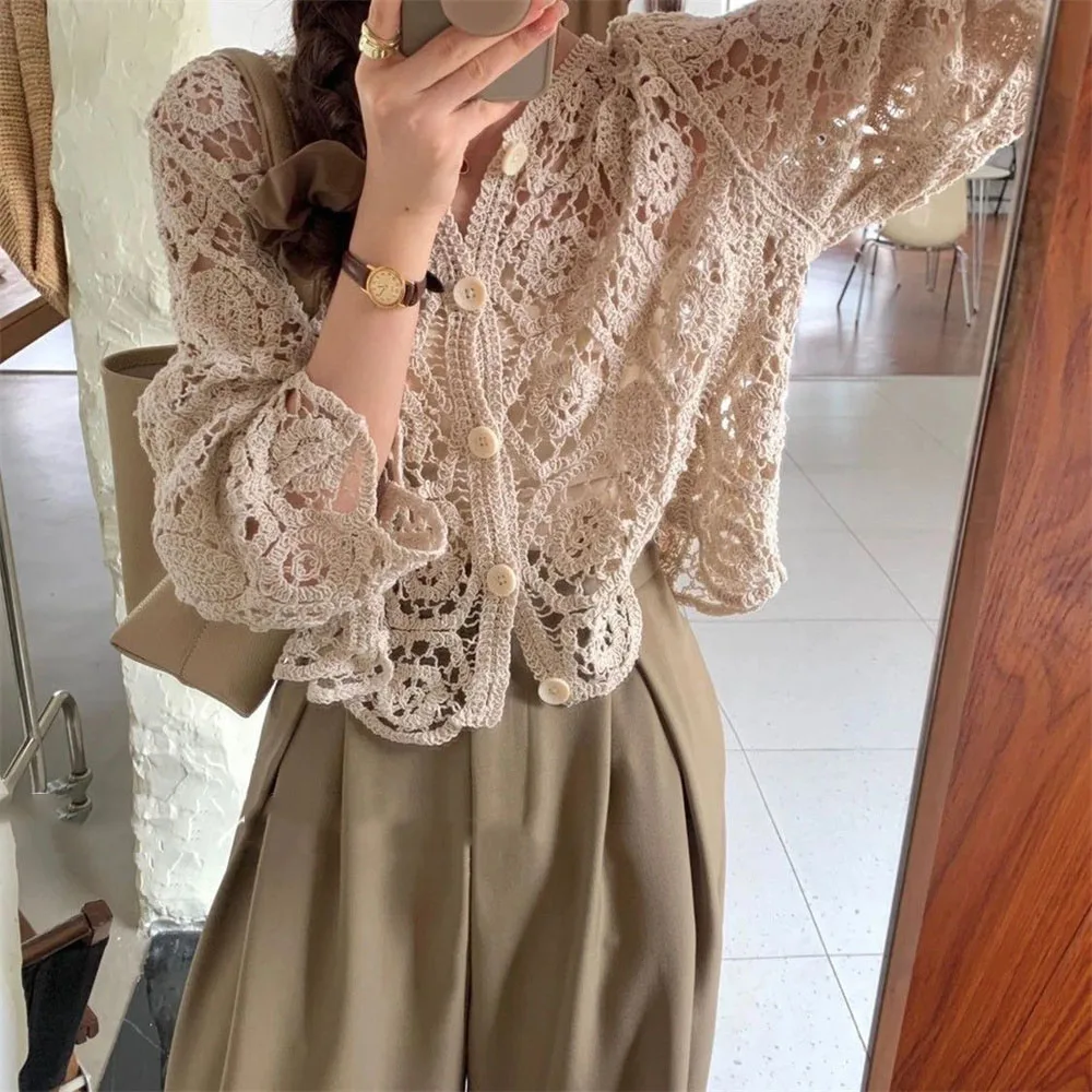 Long Sleeve Crochet Knit Cropped Top Beach Bikini Cover Up Button Cardigan Blouse Women Blusas Para Mujer Vacation Boho Outfit