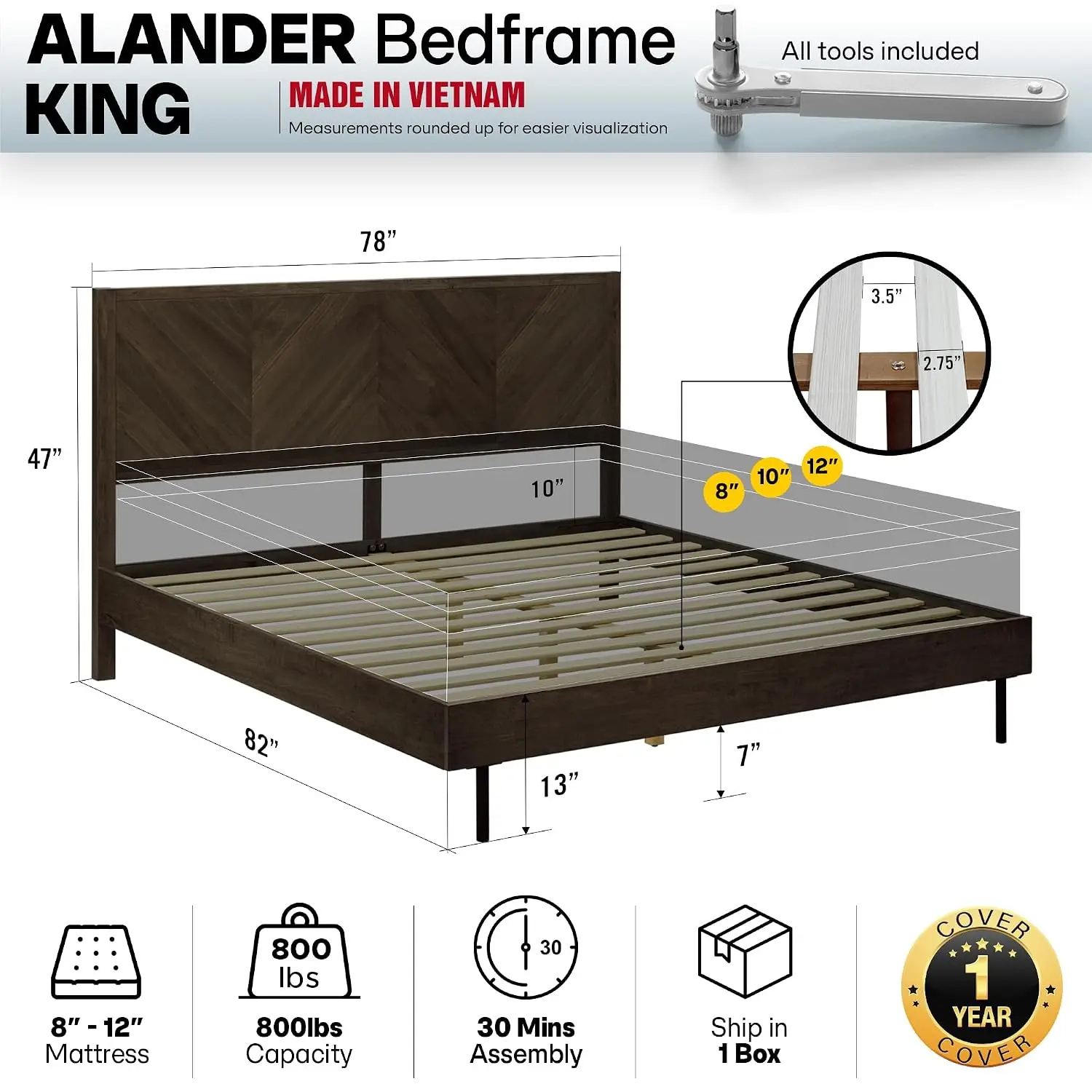 Solid Wood Bed Frame with Chevron Headboard, King, Mocha, Customized
