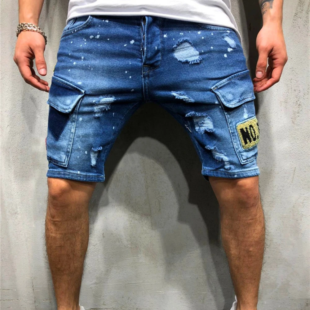 

2023 Summer Men‘s Ripped Short Jeans Hole Slim Streetwear Vintage Style Denim Shorts New Casual Fashion Male Brand Clothes Blue