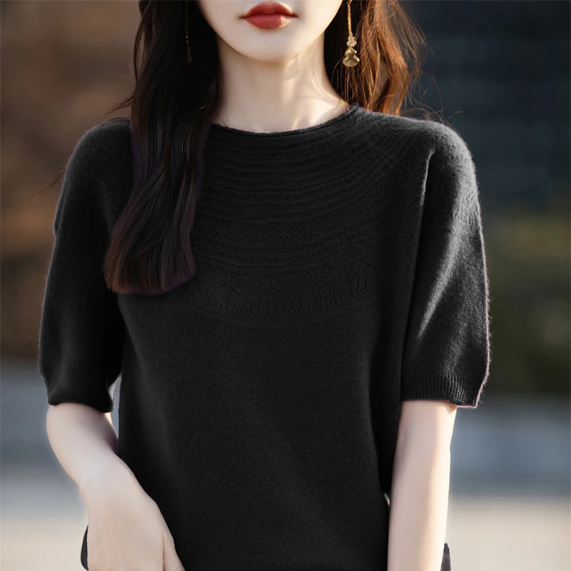 Knitted Short Sleeve Shirt for Women Summer Thin Solid Color Korea Fashion O-Neck Pullover Elastic Casual Tee Crop Tops Girl