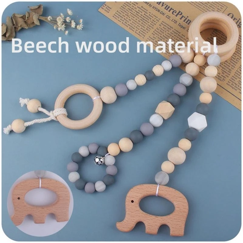 

J15U 3 Pcs/Set Baby Gym Frame Pendant Beech Wooden Ring Silicone Beads Teether Stroller Rattle for Infants Newborn Teething