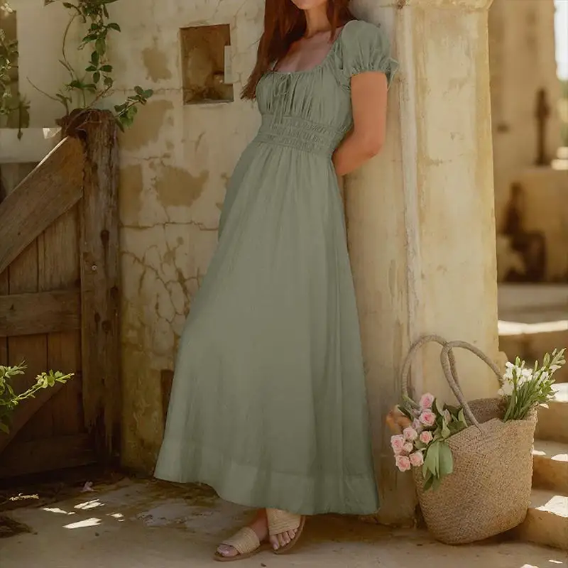 

Women's Green Maxi Dress Square Neck Puff Sleeve Smocked Waist Flowy For Summer Beach Vacation Party Casual Wear