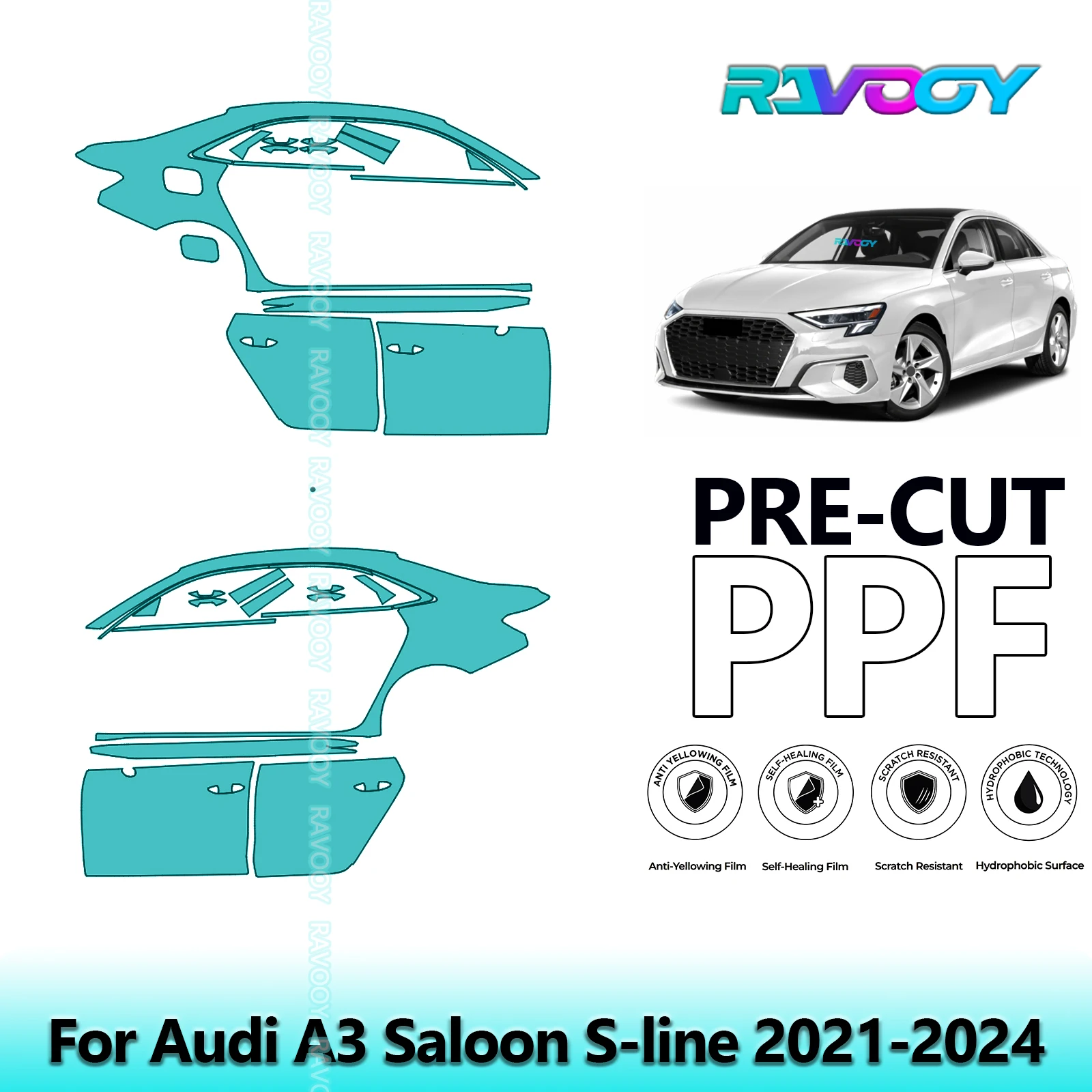 

For Audi A3 Saloon S-line 2021-2024 8.5mil Clear Matte Pre-Cut PPF Door & A/B Pillar Kit TPU Paint Protection Film Set