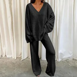 2023 Autumn Casual Sweater Pant Sets Fashion Sporty Pullover+Elastic Wide Leg Trousers Solid Color Home Sets Sexy Collar Outfits