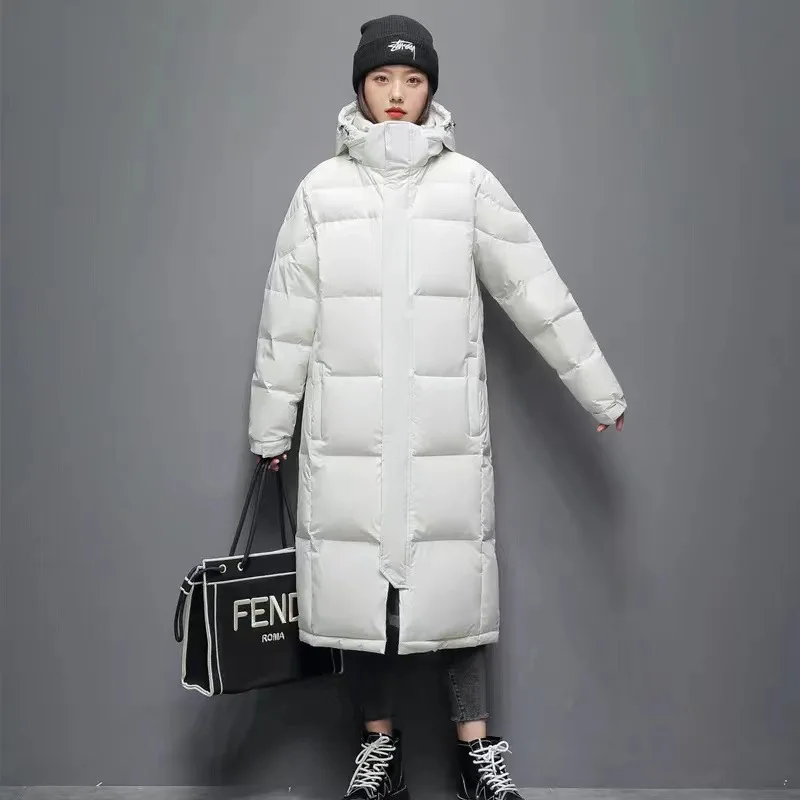 2024 Winter New Down Cotton Men's and Women's Casual Long Cross Knee Hooded Cotton Jacket