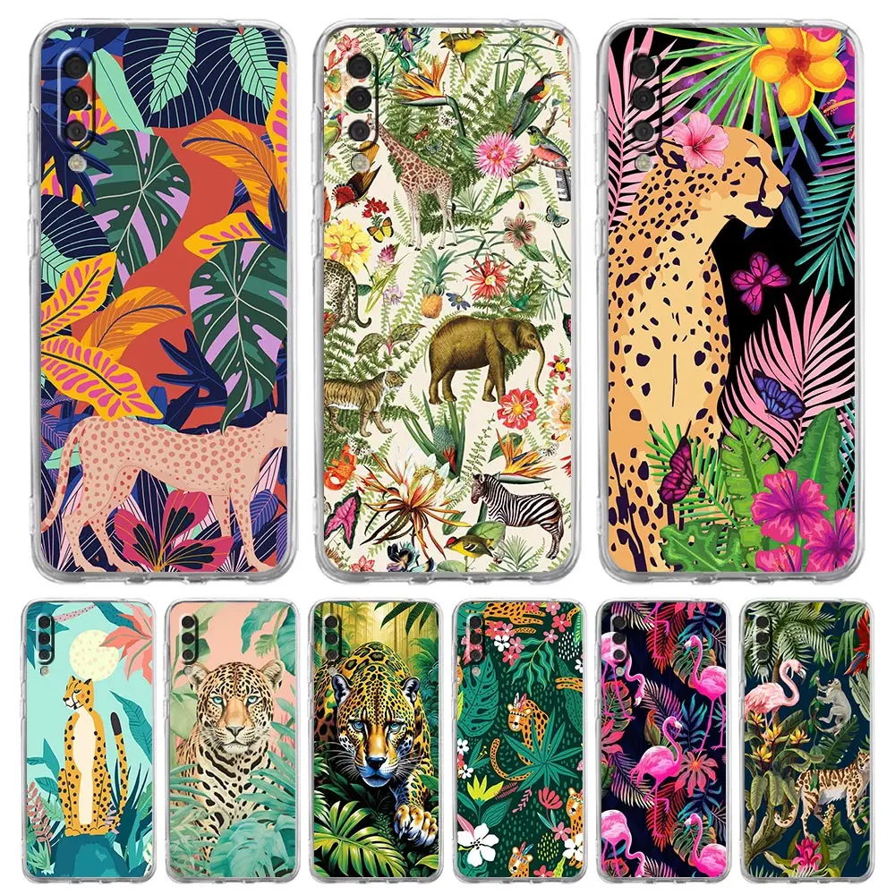 Transparent Phone Case for Samsung Galaxy A16 A14 A12 A22 A24 A26 A36 A56 A42 A06 A20 A30 Soft TPU Tropical Jungle Print Leopard