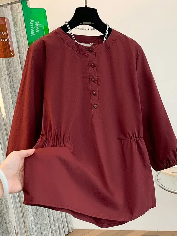 เสื้อคลุมคาร์ดิแกนทรงหลวม คอตั้ง แขนยาวเจ็ดส่วน ดีไซน์เรียบง่าย สีพื้น ผ้าพลีท ติดกระดุม  ไซส์ใหญ่ สำหรับผู้หญิง