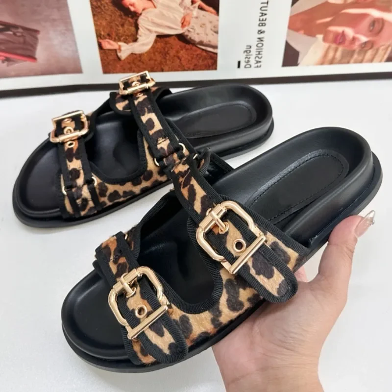 Leopard Print Platform Women\'s Slippers Outdoor Casual Flat Heel Beach Shoes Chic Metal Buckle Soft Sole Casual Lady Flip Flops