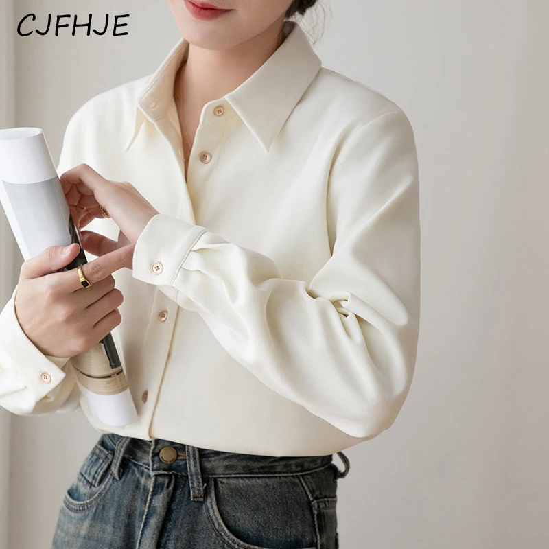 

CJFHJE New Fall Winter Thick Brush Long Sleeve Apricot Shirts Metallic Buckle Commuter Button Up Blouse Elegant Female Top