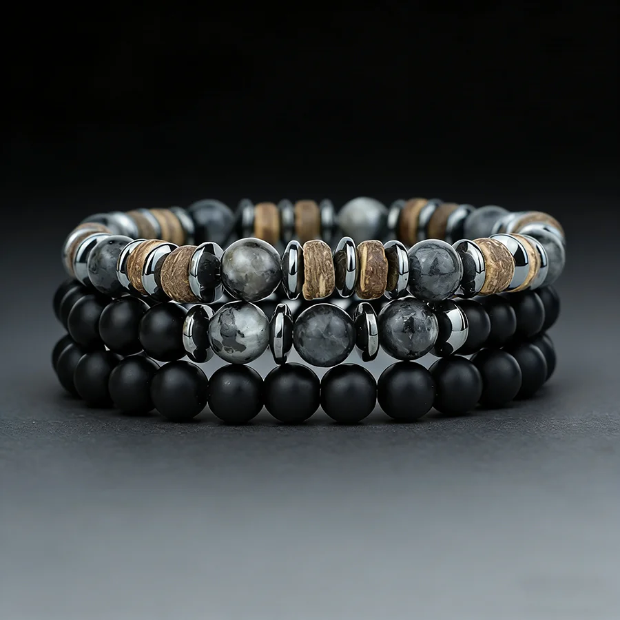 Juego de 3 pulseras de piedra natural de lujo para hombre, 8 mm, ónix grado A, ojo de tigre, cuentas de madera, pulsera de meditación, amuleto, regalo para esposo