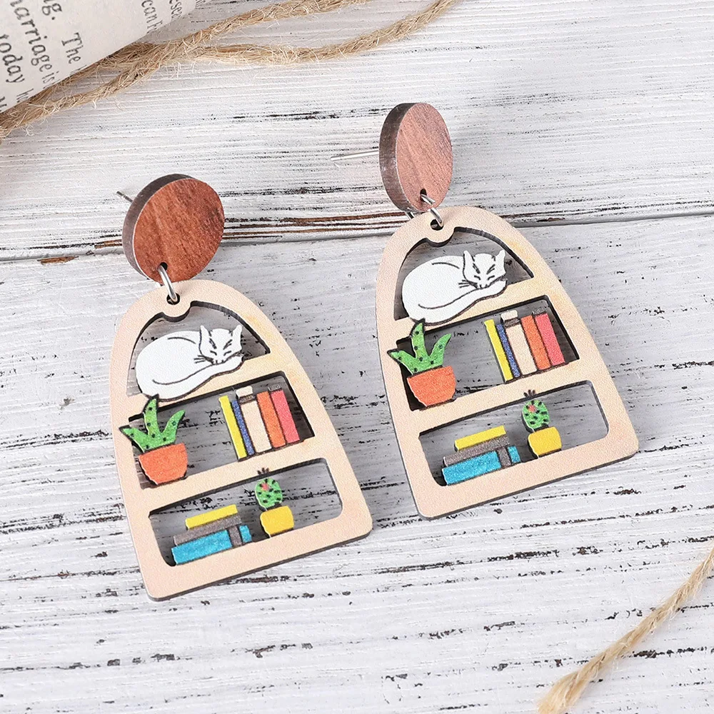 Graduation Season Homecoming Season Bookcase Potted Cat Hollow Splicing Wooden Double Sided Earrings Teachers' Day Gift