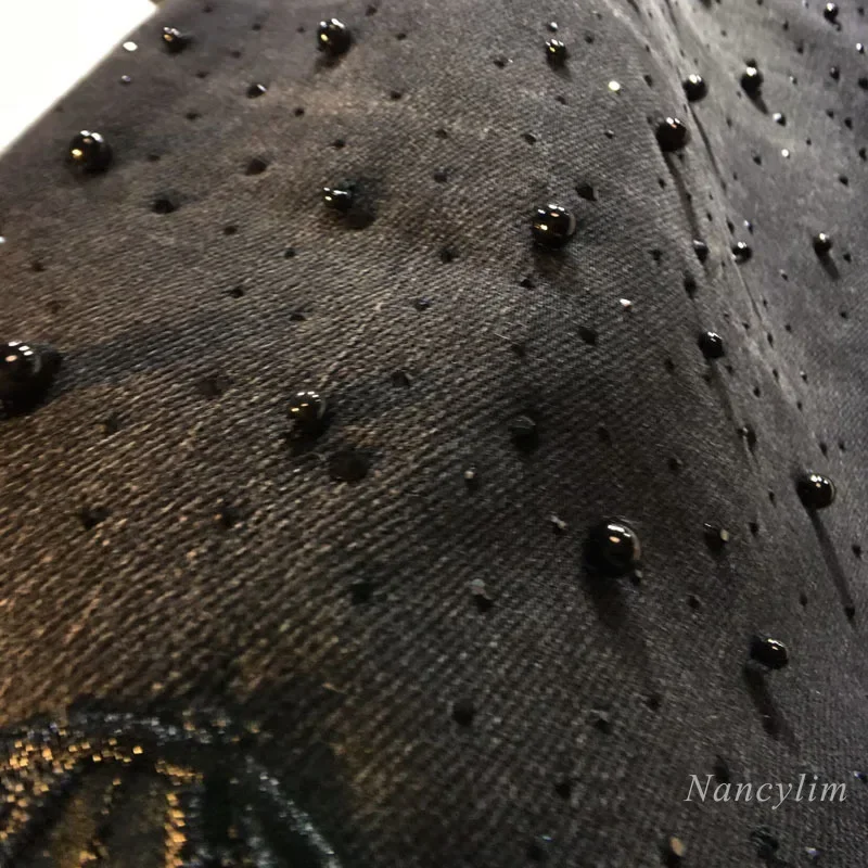 European 2025 Hollow Lace Jeans Women Summer New Black Lace Denim Pants Heavy Industry Beads Hot Diamond Denim Splicing Crochet - Image 5