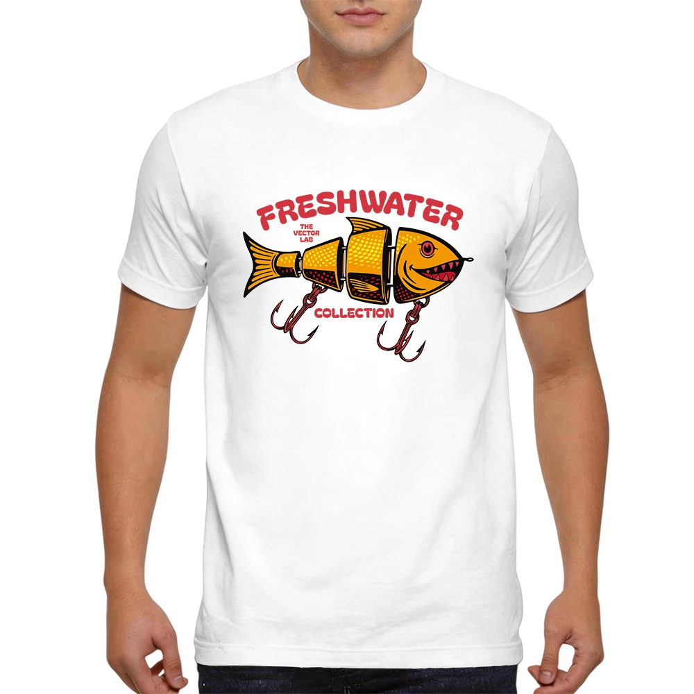 Mens 100% Cotton T Shirt Freshwater Collection Fishing Lure Bait Hook Retro Print Breathable Short Sleeve Casual Daily Tee