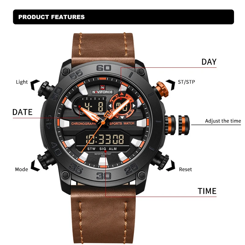 NAVIFORCE Multi-Function Luxury Brand Men Watches Sports Genuine Leather 3ATM Waterproof Day and Date Display Clocks Watch Male