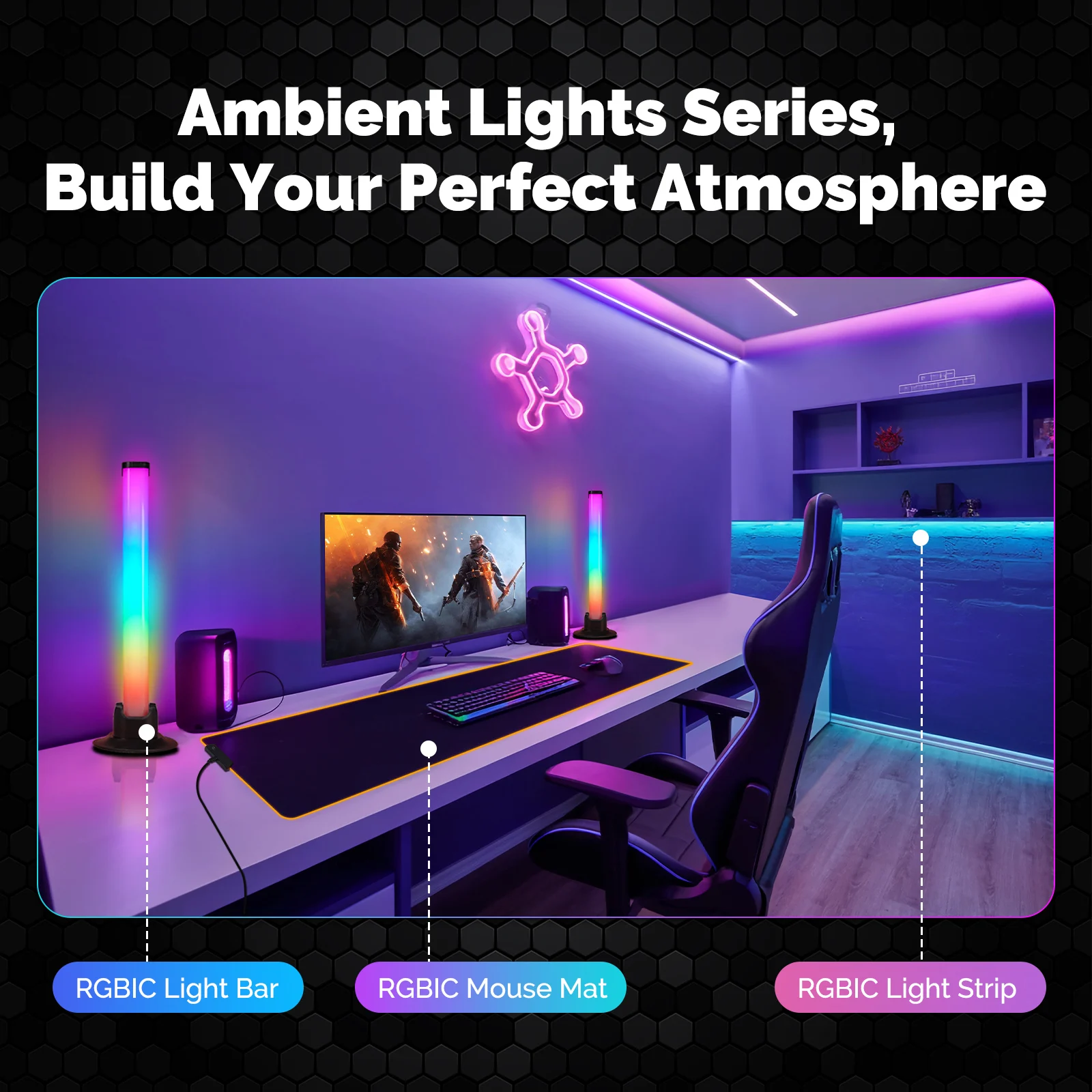 MOES RGB Ambient Light DIY Series Include RGB Light Bar,Splicing LED Lamp,LED Mouse Pad E-sports Room Boost Gaming Atmosphere