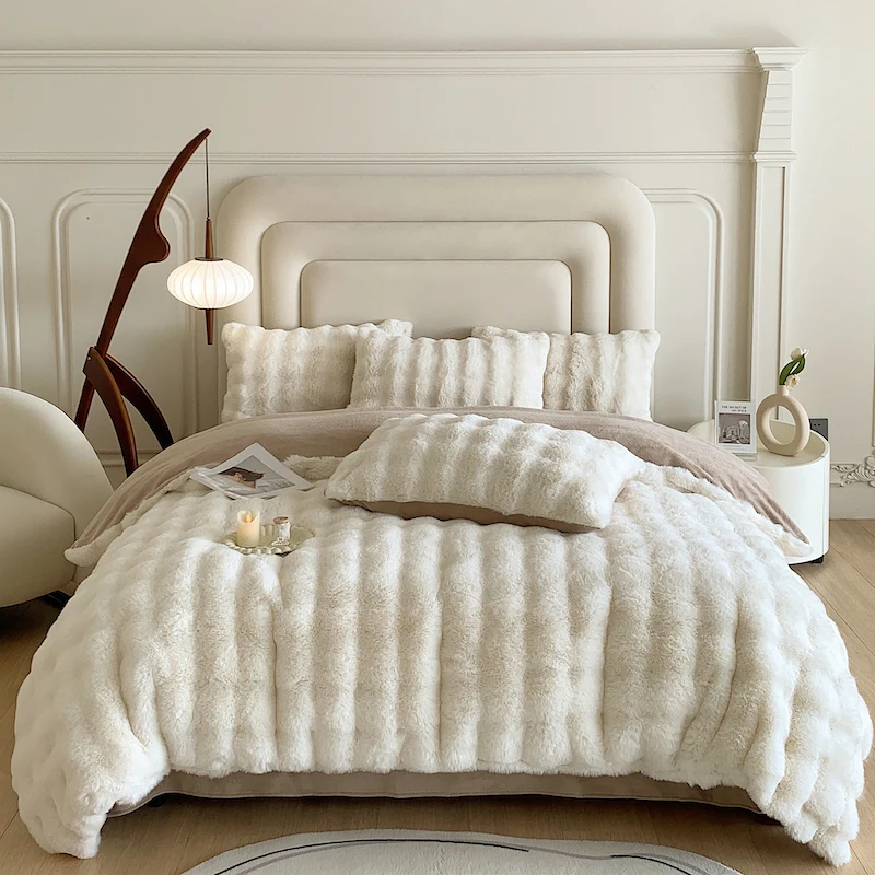 Luxury Faux Rabbit Fleece Bedding Set Winter Warm Plush Fluffy Duvet Cover Soft Milk Velvet Bed Sheet Pillowcases Home Textiles