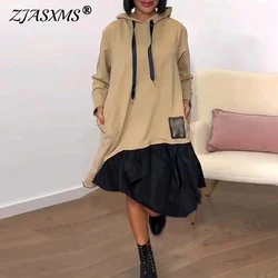 Casual Contrast Patchwork Pullover Dress Women Winter Letter Drawstring Hooded Sweatshirt Dress Autumn Long Sleeve Pockets Dress