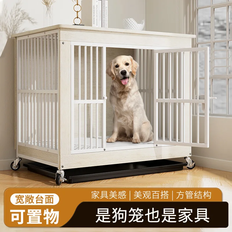 Factory direct cross-border export furniture wooden round tube dog cage thickened anti-bite strong and durable detachable wheele