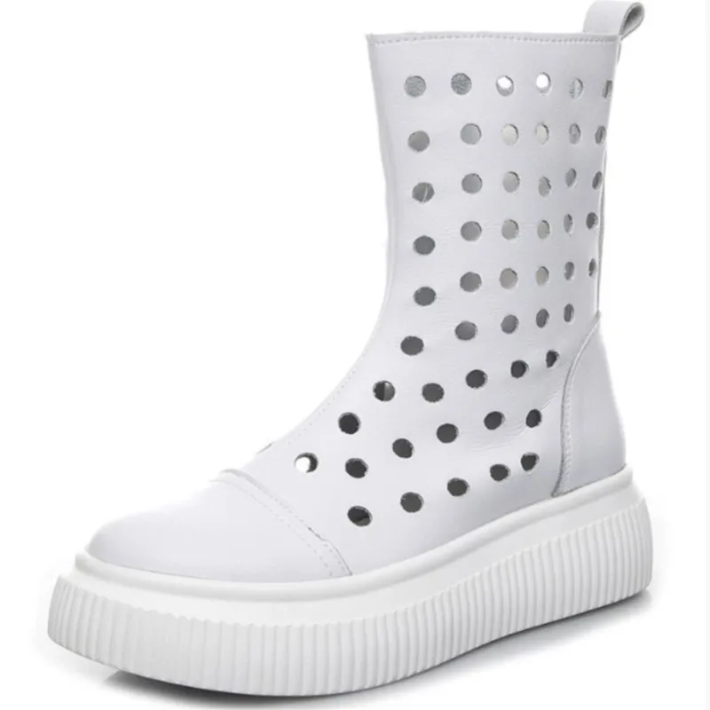 

2025 summer cowhide high perforated cold boots hollow breathable platform shoes women