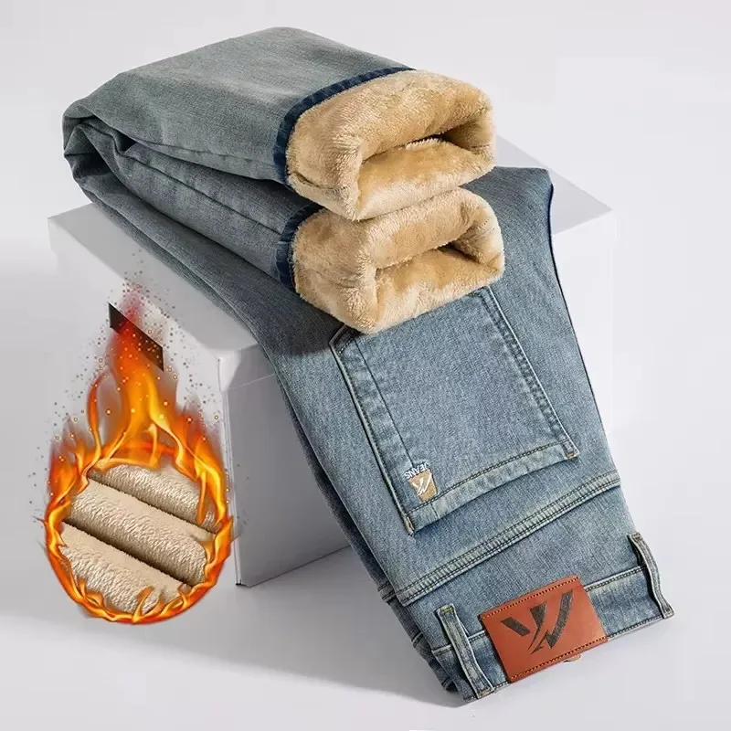 Winter New Men's Wool Jeans Retro Thick Straight Leg Casual Fashion Business Pants Elastic Velvet Lining Warm Denim Pants