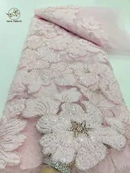 African Beads Lace Fabrics 2025 5 Yards High Quality 3D Flower French Mesh Tulle Sequins Embroidery Wedding Party Bridal Lace
