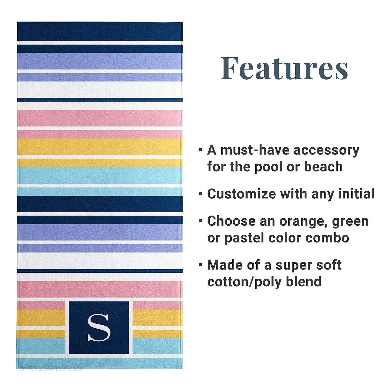 Personalized Striped Beach Towel Custom Initials 3 Colors 2 Sizes Pool Gift