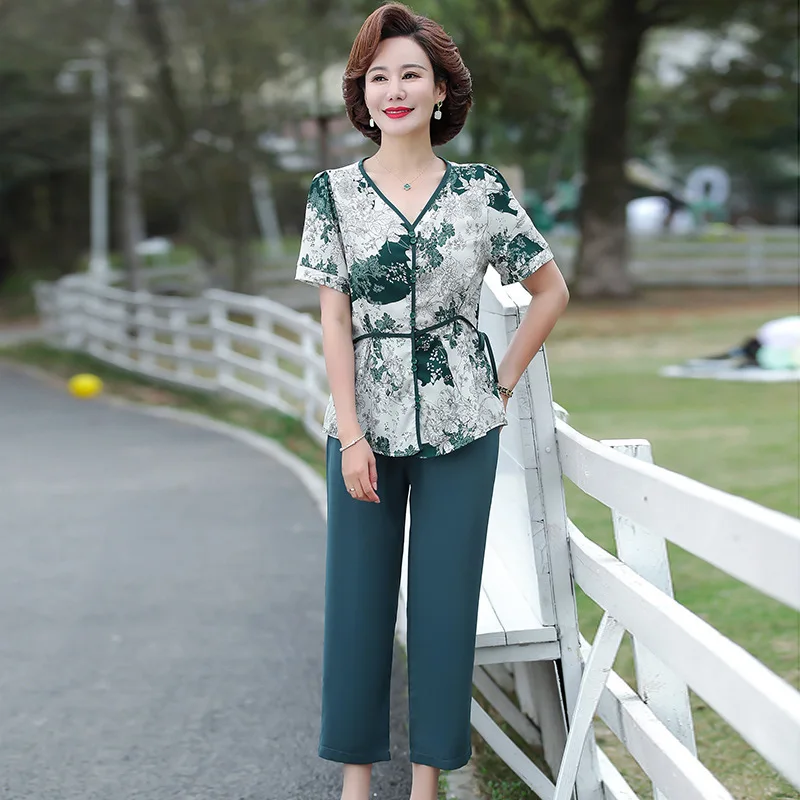 XL-5XL Matching Elegant 2-piece Sets For Women Outfit Short Sleeve Summer Middle Aged Mother Pants Suit Grandma Clothing