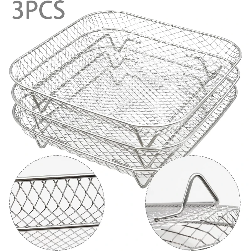8 Inch Square Air Fryer Basket,3 Pcs Stackable 304 Stainless Steel Basket Dehydrator 3-tier Rectangle Air Fryer Rack Square