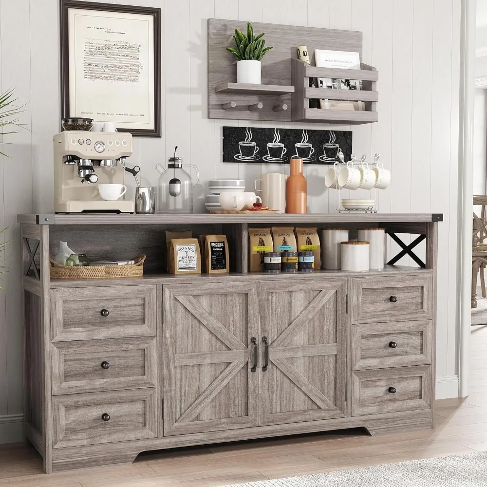 

59 buffet cabinet with storage, farmhouse side cabinet with 6 drawers and open shelves, adjustable shelves, large coffin