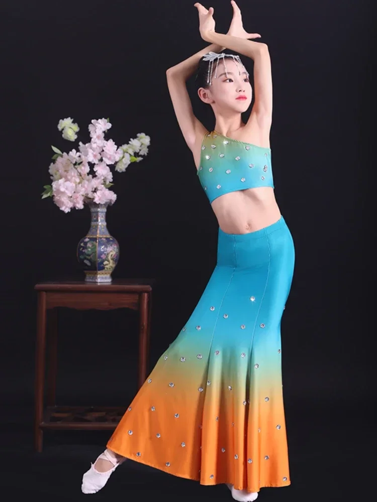 Strój narodowy dla dziewcząt do tańca pawia, rybka, Dai, taniec ludowy, kostium sceniczny do tańca pawia, występ.