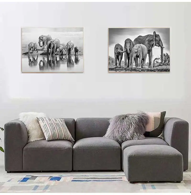 Modern Animals Posters and Prints Wall Art Canvas Painting African Elephant Herd Pictures for Living Room Cuadros Decor No Frame