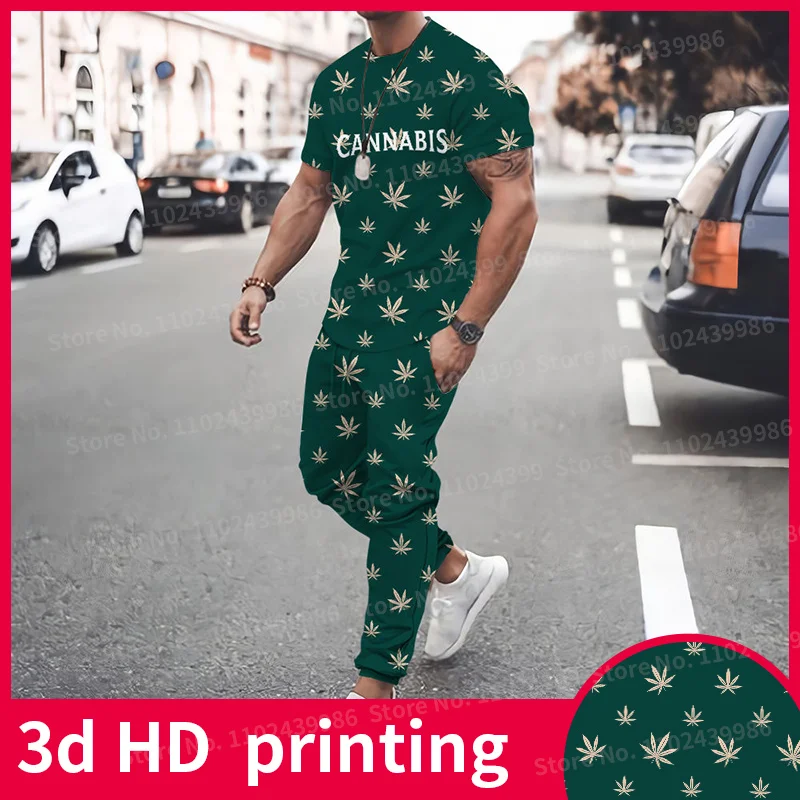 3D Blatt Gedruckt T-Shirt + Hosen Sportswear Sommer Mode Lässig männer Anzug Morgen Lauf Basketball Jersey 2 Stück