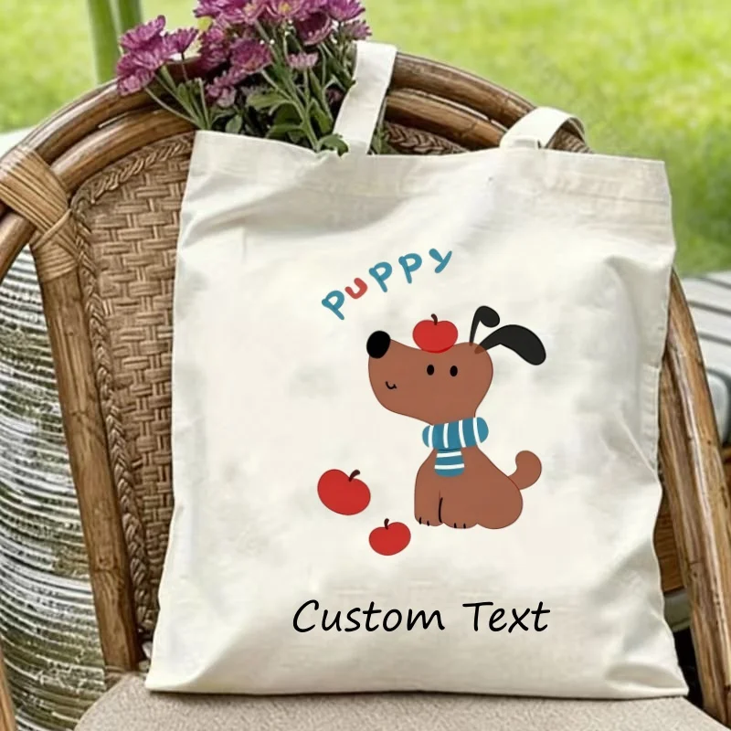 1PC Custom Canvas Tote Bag Cute Cartoon Puppy With Apple Print Custom Text Eco Reusable Shopping Shoulder Handbag